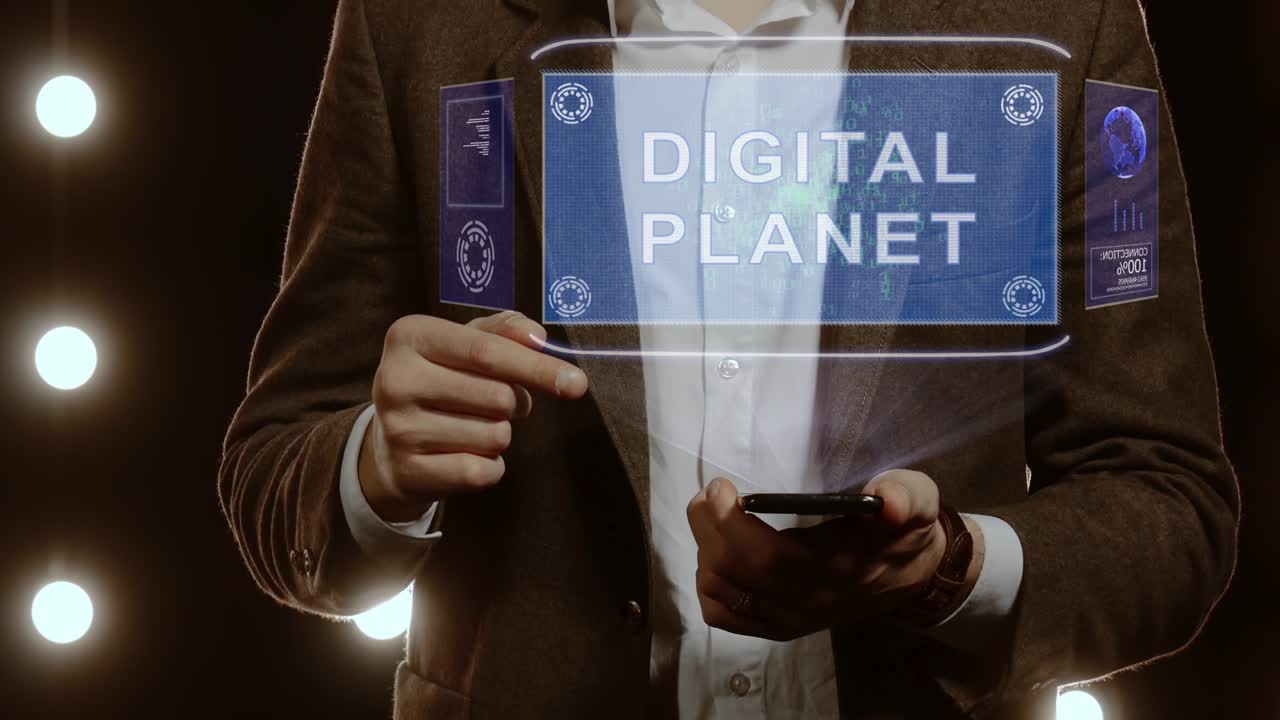 Businessman shows hologram with text Digital planet