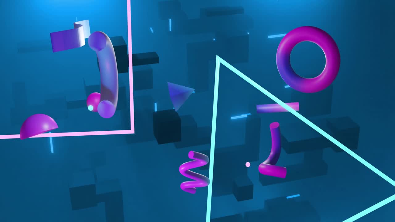Animation of triangle and abstract shapes moving on blue background