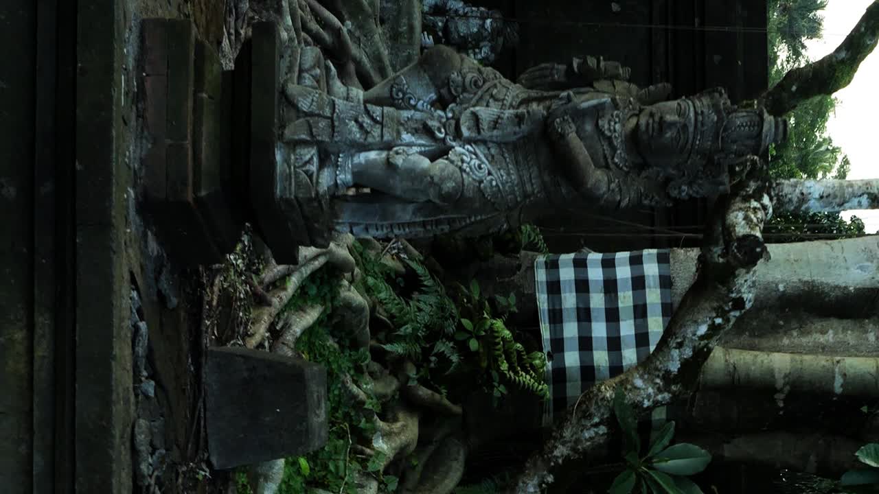 파라 티르타 사원의 뒤쪽으로 수직 느린 카메라 움직임 발리 인도네시아의 역사적 동상과 함께 큰 나무 앞에 우부드