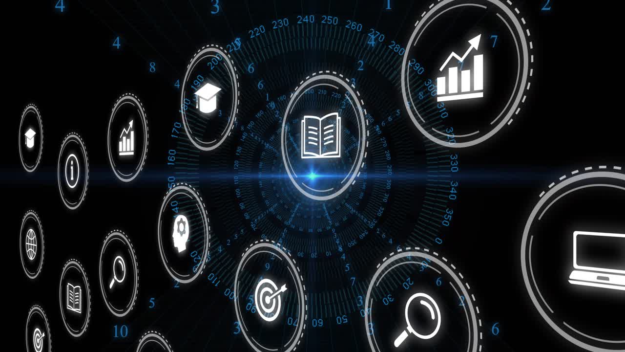 3D holo UI rotating, panning right, zooming, hub pulsing aligning magnifier to highlight search