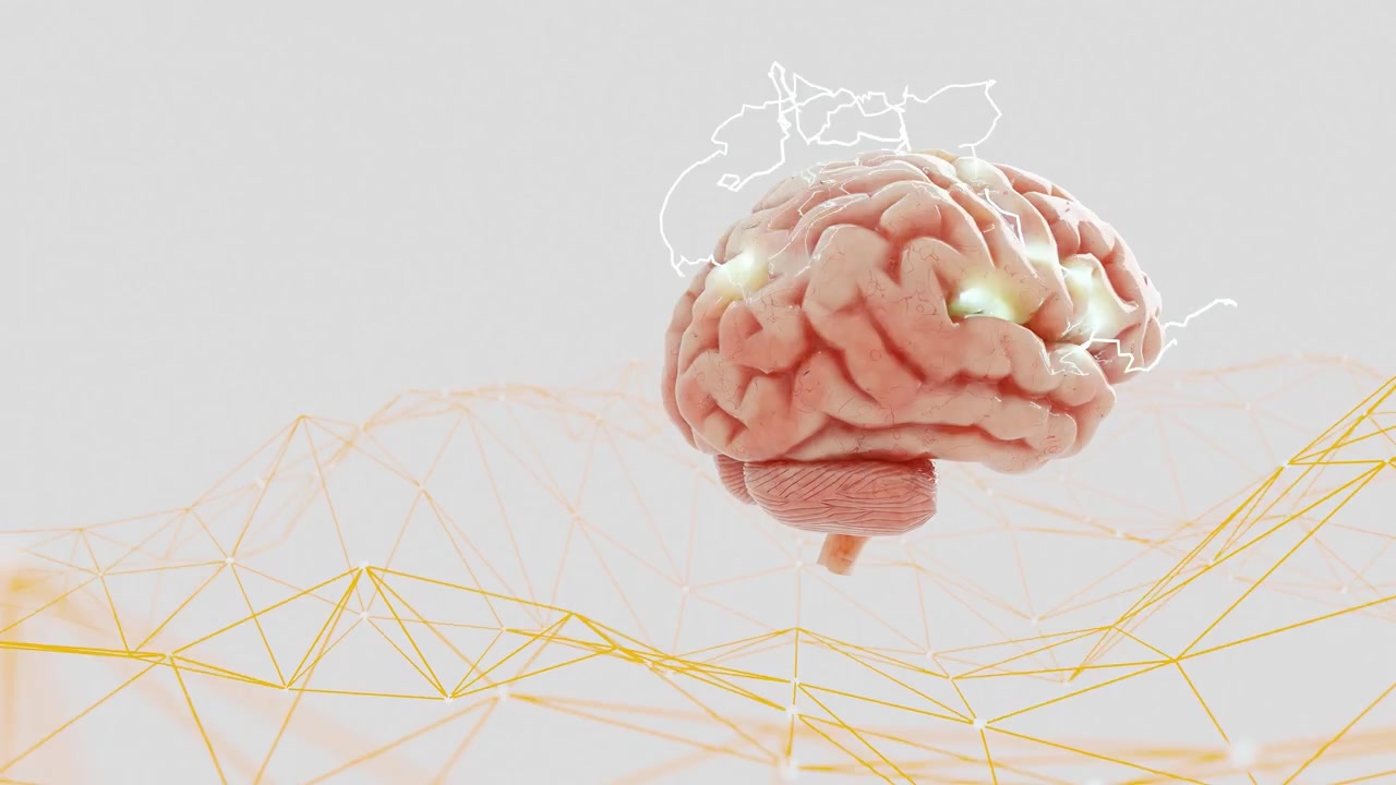 Human brain model with lightning effect above abstract yellow polygonal grid on a white background. Concept of neuroscience, artificial intelligence, and innovation