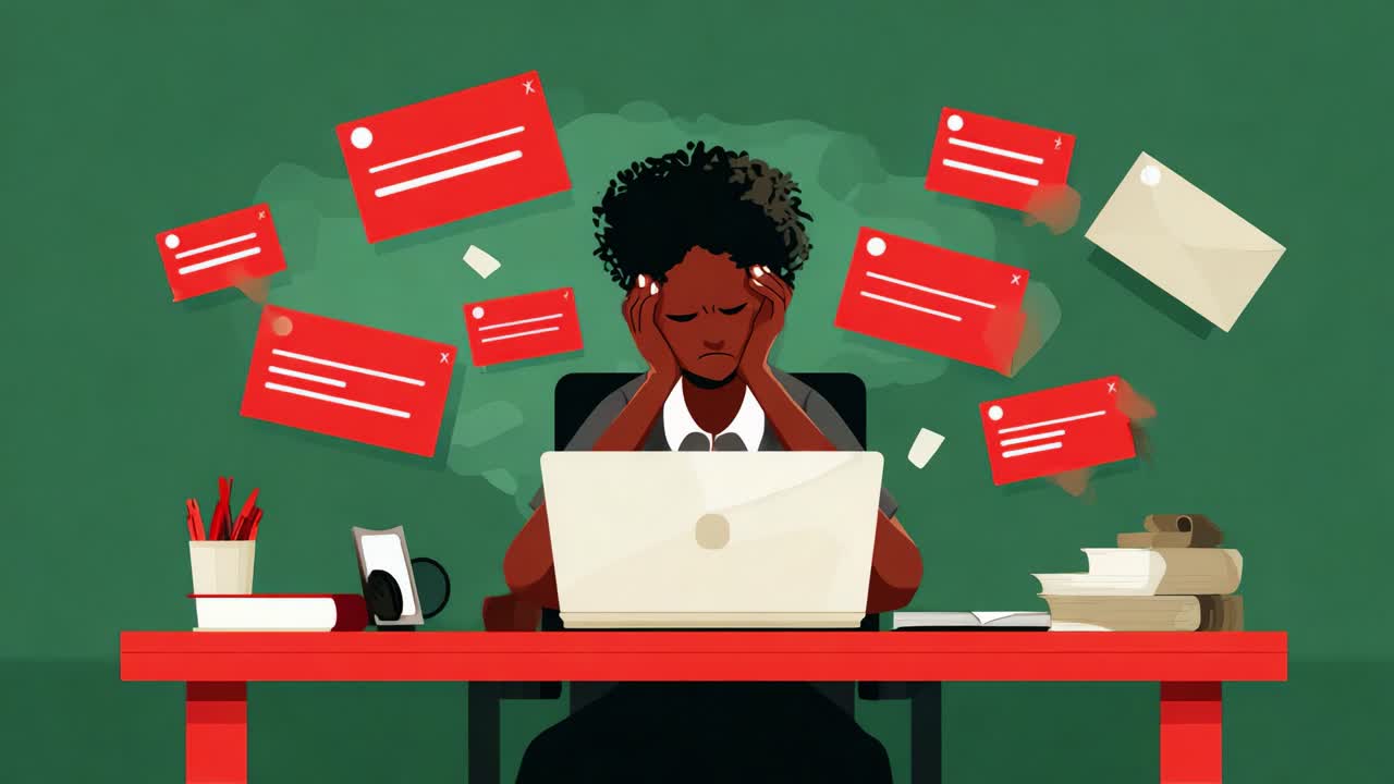 A visual representation of overwhelming digital communication, showcasing an individual at a desk feeling stressed due to an influx of notifications and messages while working on a laptop