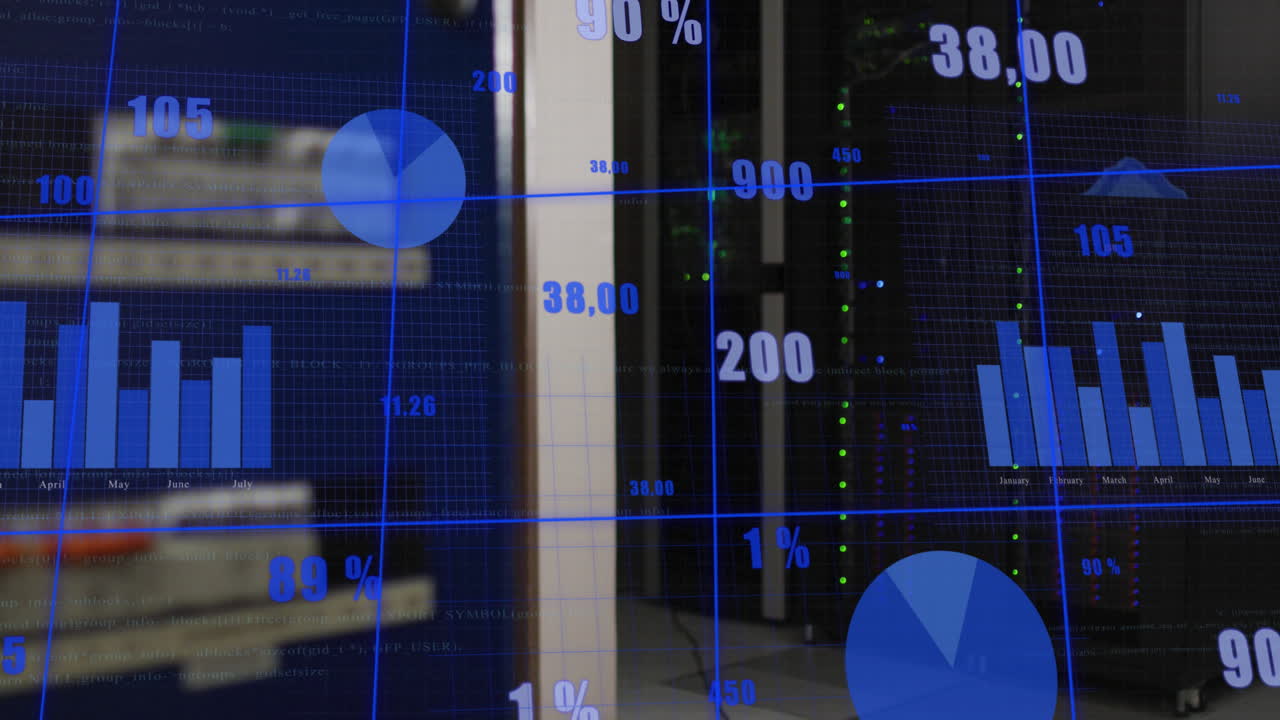 animación del procesamiento de datos estadísticos a través de la red de red contra la sala de servidores informáticos