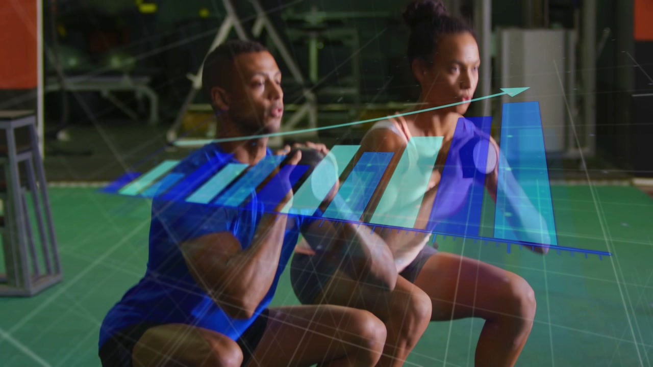 Man and woman holding chest weights initiating squats, HUD tracking reps showing fitness progress