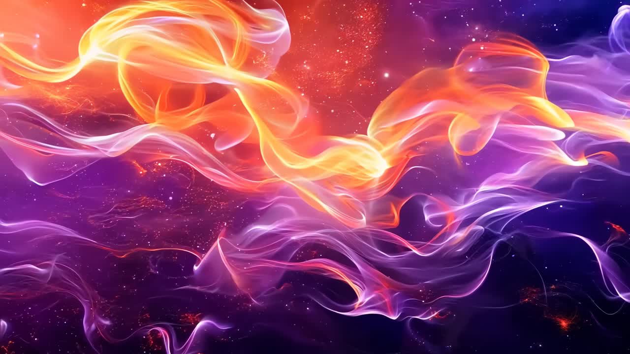 A colorful fire and smoke background with stars in the background