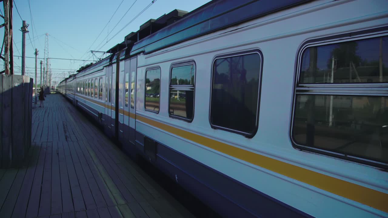 Electric passenger train arrives at the platform. Moscow central diameters