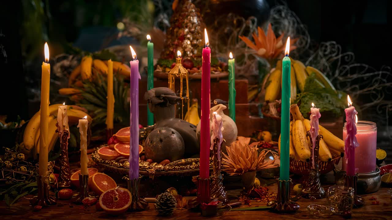 Starting wick ignition, flickering tapers melting wax on altar offering with ceramic vessels, fruit