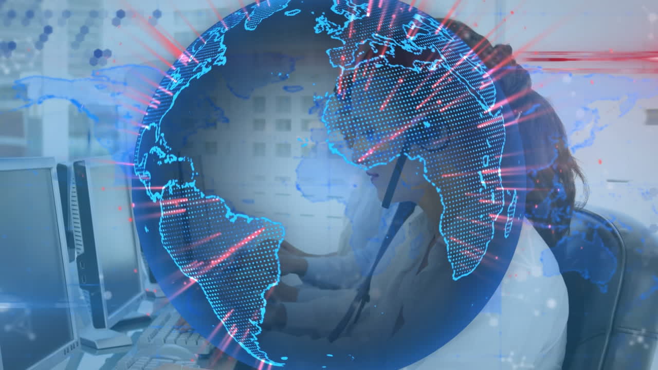animación del globo y el mapa del mundo sobre personas de negocios que usan auriculares de teléfono