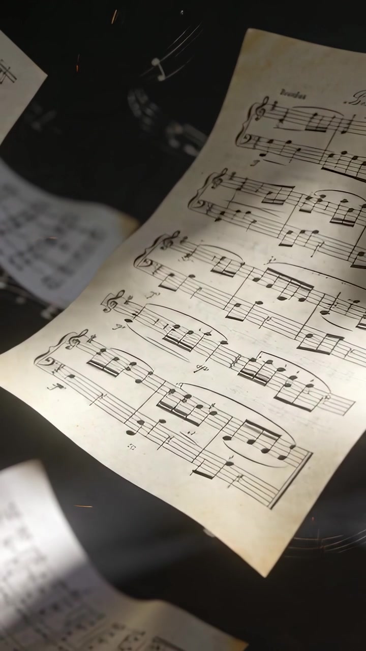 Vertical video: Panning camera recording starting scanning piano sheet in studio showing notation