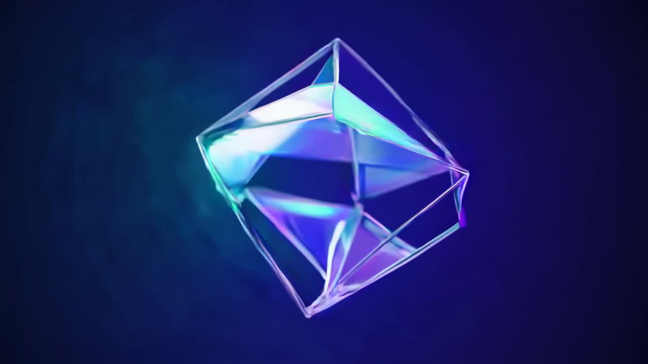 Futuristic 3D geometric shape with neon glow, captured from a low-angle