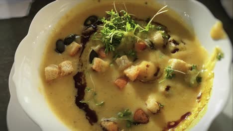 potato soup with croutons in a bowl