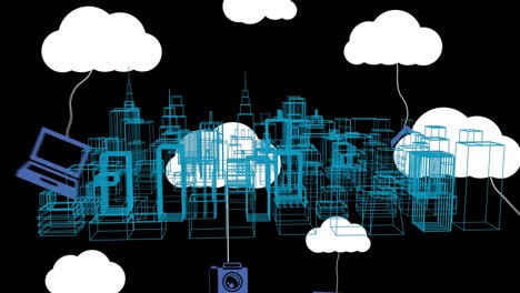 animación de nubes digitales e iconos sobre dibujo 3d de paisaje urbano sobre fondo negro