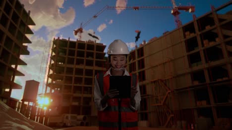 ingeniera asiática con casco de seguridad trabajando en una tableta mientras está de pie en el sitio de construcción, durante la puesta o salida del sol