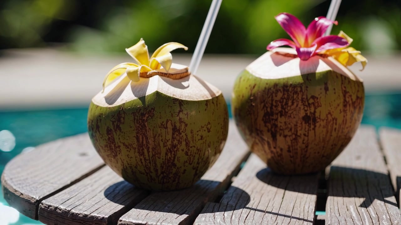 Refreshing Coconut Drinks on a Sunny Poolside Table