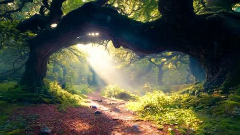 a large tree in the middle of a lush green forest