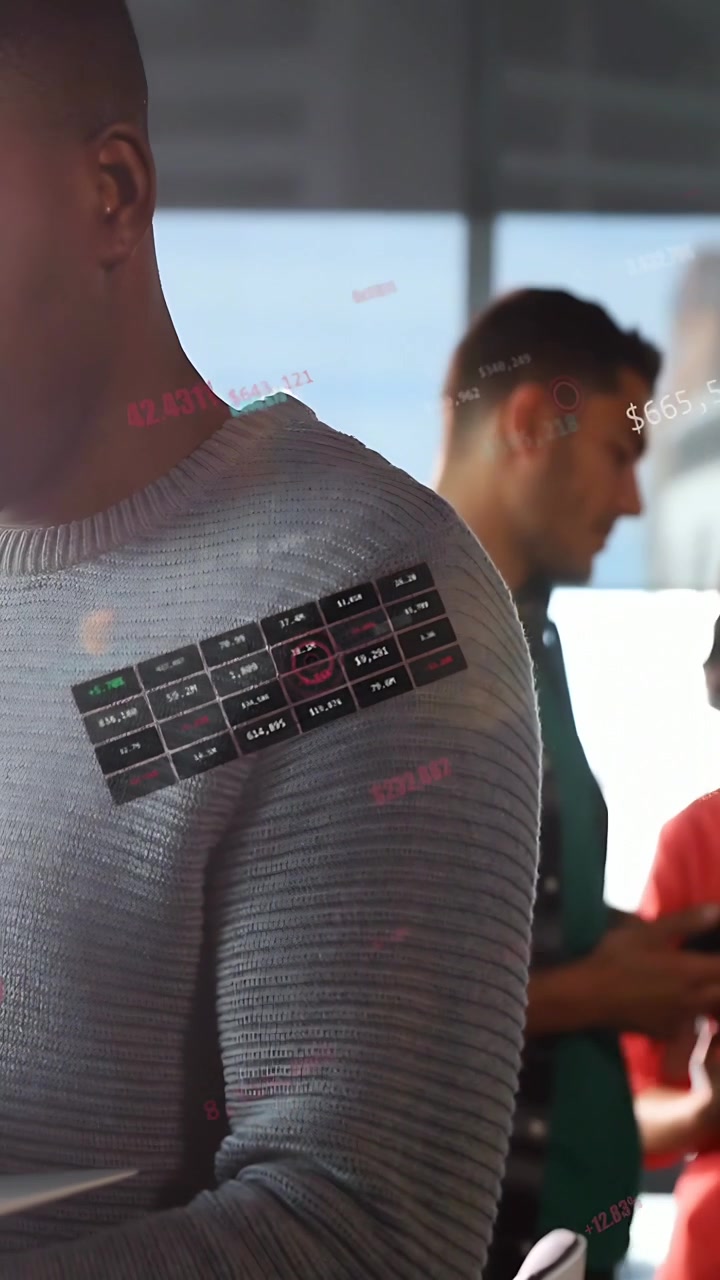 Vertical video: Seated man typing on laptop in office, causing finance HUD shifting revealing gains