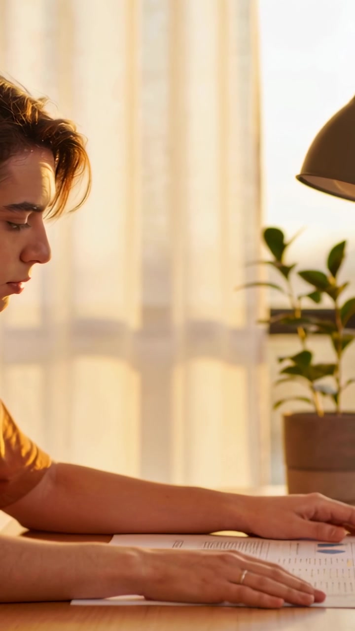 Vertical video: Sunlight drawing man in rust shirt reading charts at desk by window lamp plant ring