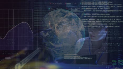 Animation of data over diverse male and female it engineer with tablet by computer servers