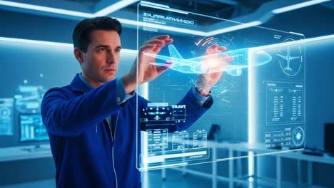 technological innovation: a professional engages with advanced aircraft data visualization in a futuristic control room environment