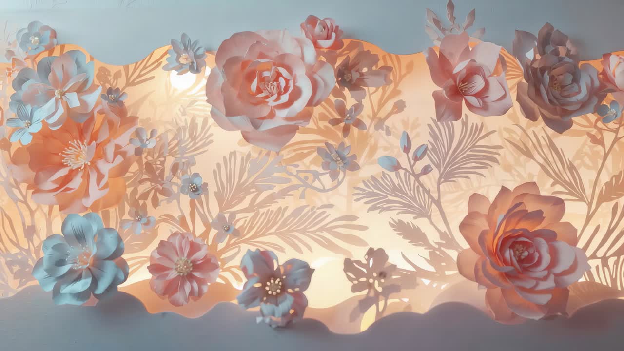 LED caldo pulsante che illumina una teca con fiori di carta fatti a mano sulla parete in studio, mettendo in risalto le rose.