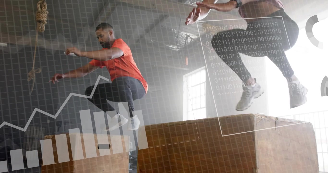 Man orange, woman pink stepping onto boxes, loading knees, launching jumps, HUD overlaying fitness