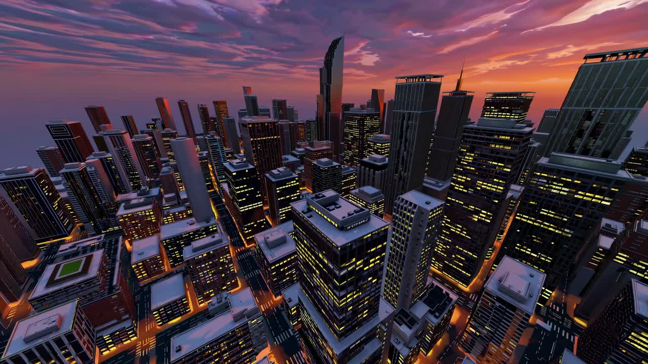 Vista aerea di una città moderna al tramonto