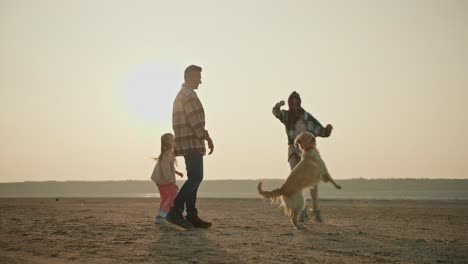 Shot-from-the-side-of-a-happy-brunette-man-in-a-plaid-shirt-together-with-his-wife-and-brunette-girlfriend-in-a-Green-shirt-and-a-little-daughter,-a-blonde-girl-in-a-white-jacket-playing-with-his-large-cream-colored-dog-on-the-deserted-seashore-in-the-summer-evening