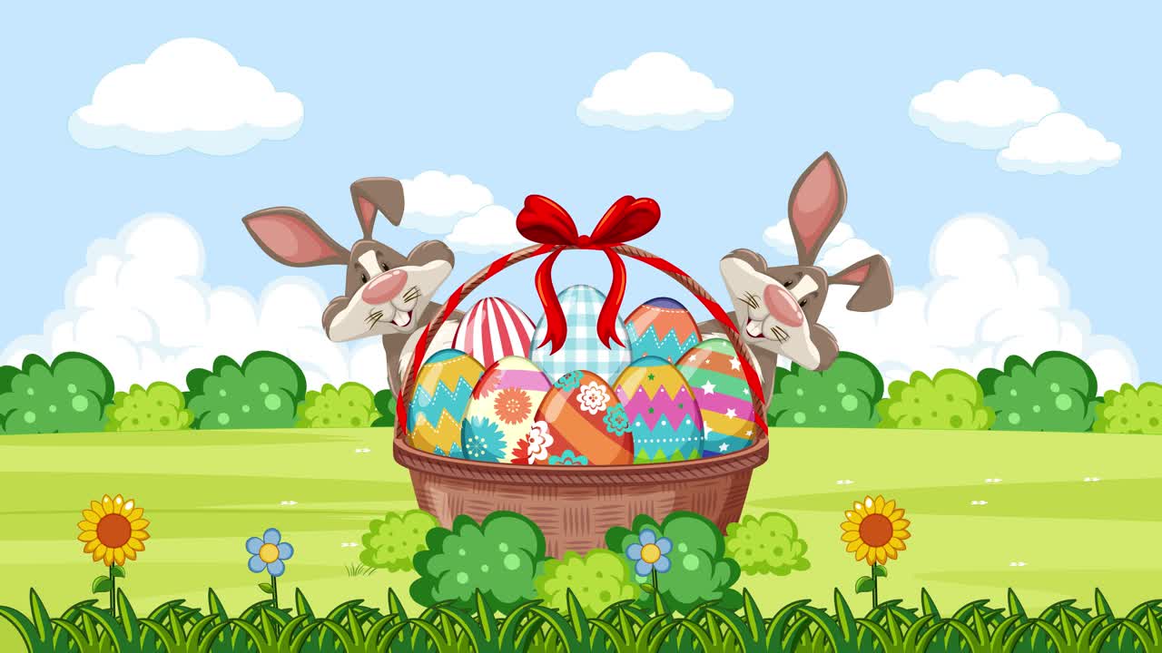 애니메이션 토끼가 부활절 바구니에서 어나옵니다.