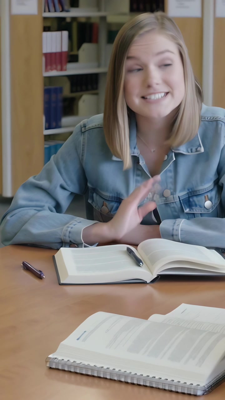 Vertikal video: Lesende student i dongeri på bibliotek, blar i bøker og svarer utenfor kamera, med plass til tekst.