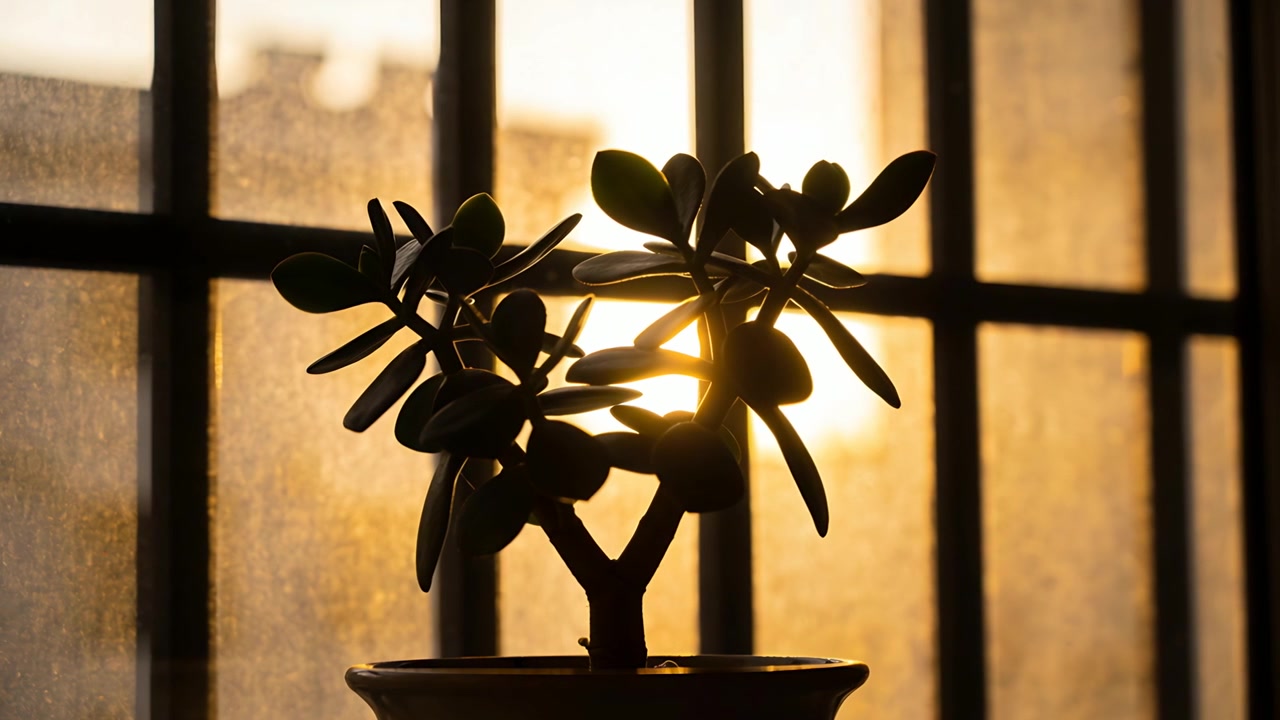 Shifting low sun casting warm backlight on windowsill succulent, highlighting dusty gridded glass