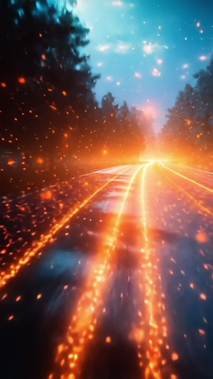 Bright sparks light the night. A vibrant display of sparks lights up a dark road surrounded by trees during the night.