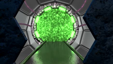 panoramic view to the station landscape scene. 3d abstract background of sci-fi corridor with portal. futuristic technology abstract seamless vj for tech titles and background.