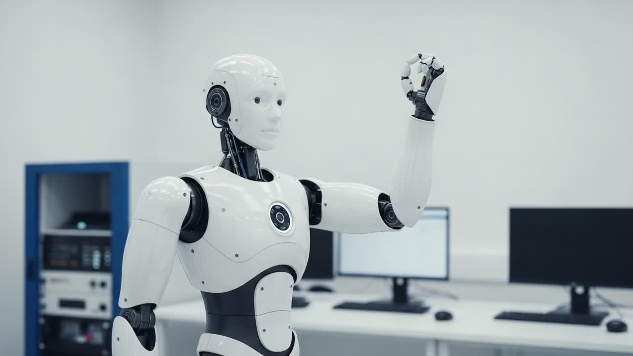 A Futuristic Robot in a Modern Lab Takes Center Stage, Showcasing Advanced Technology and Potential for Innovation and Human Interaction in Robotics