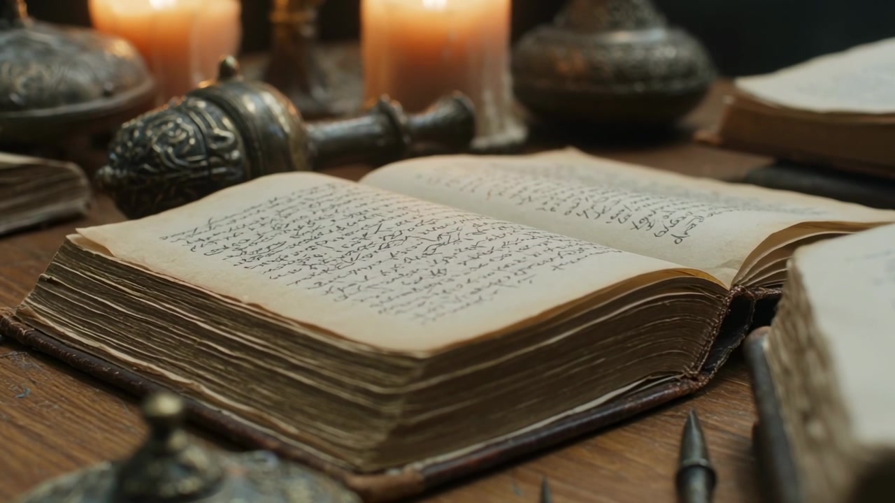 Telecamera che inizia a zoomare e si avvicina, rivelando la texture di un manoscritto su un tavolo di legno con candele.