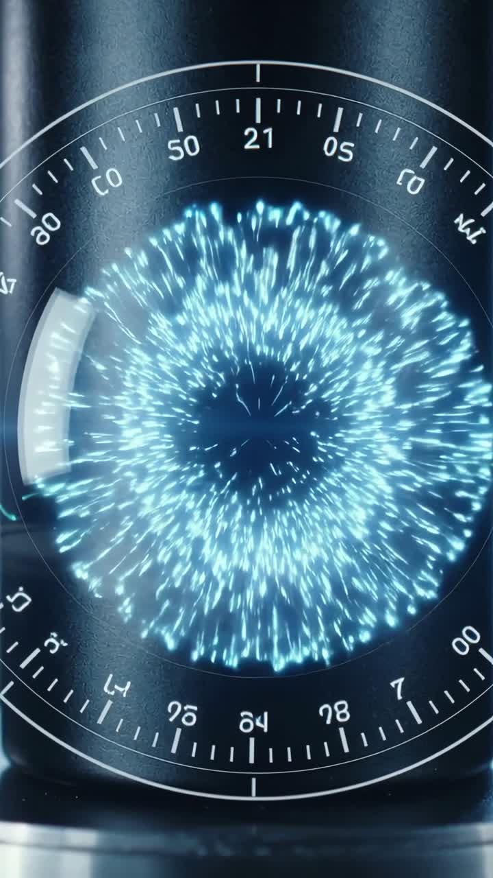 Vertical video: Appearing blue core, black cylinder projecting holo dial on metal pad, lab demo