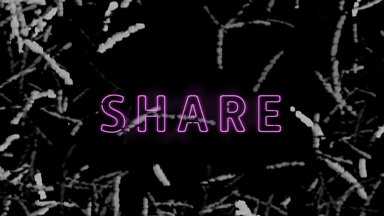 Digital animation of neon purple share text banner against abstract shapes on black background