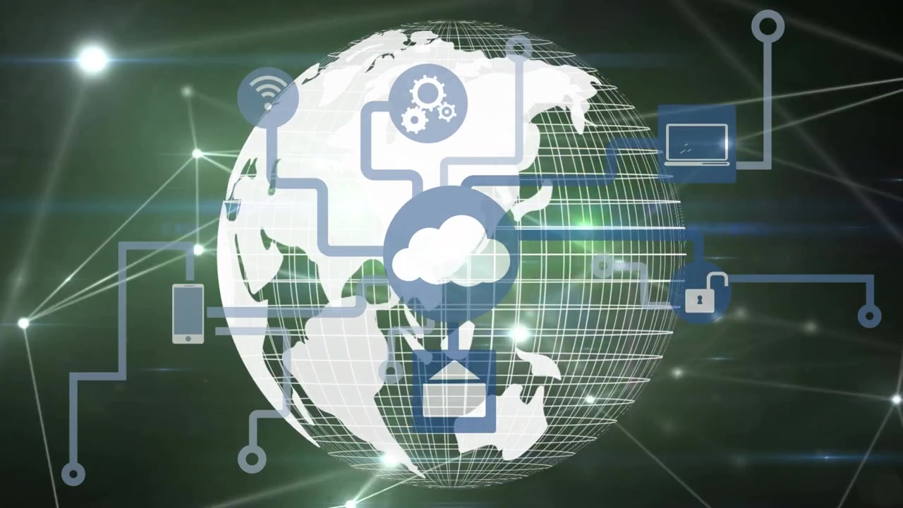 Animation of digital screen with globe, connections and tech icons