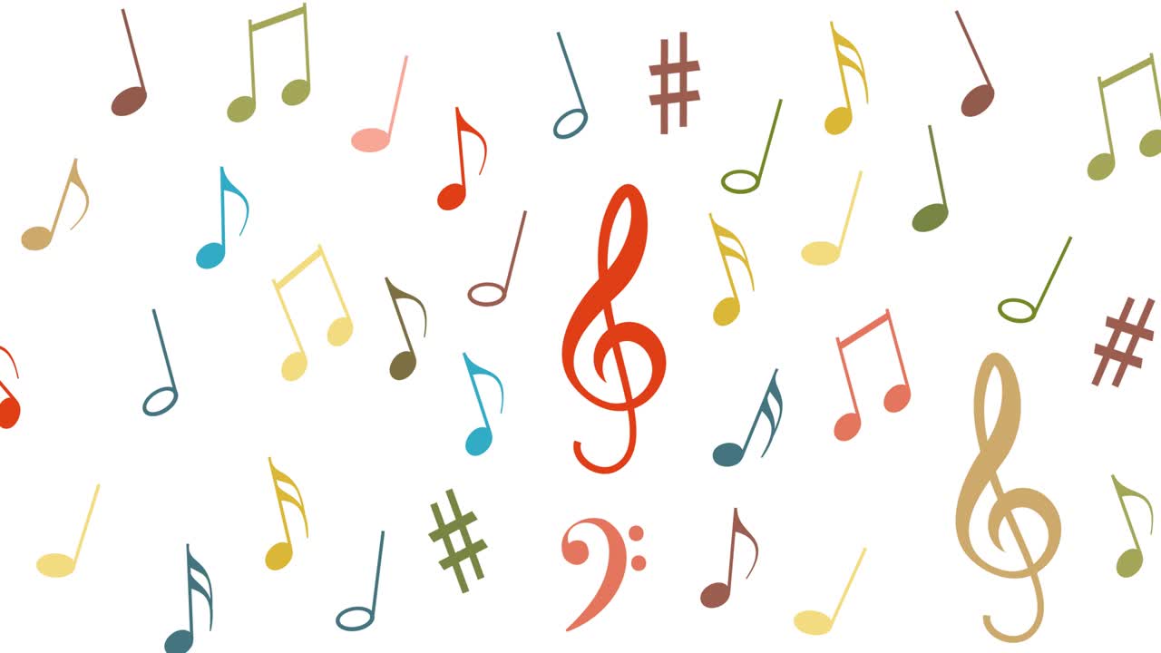 하 루프 배경에 날아가는 음악적 기호와 노트, 다채로운 음악 표기, 교향곡 표지, 사운드 튜니 음악의 노트, 알파 채널, 4k 비디오 모션 그래픽 애니메이션