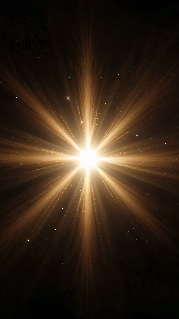 Vertical video: Emerging central core emitting gold beams and sparkles, brightening to peak in void