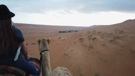 two riders journey through the vast omani desert on camels. a tranquil, immersive travel scene capturing tradition, exploration, and the timeless beauty of arabian landscapes.
