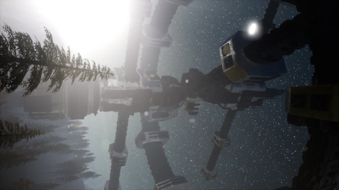 밤에 빛의  ⁇ 으로 숲 위를 떠다니는 ufo