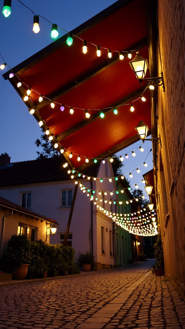 Charming European Alley at Dusk with String Lights