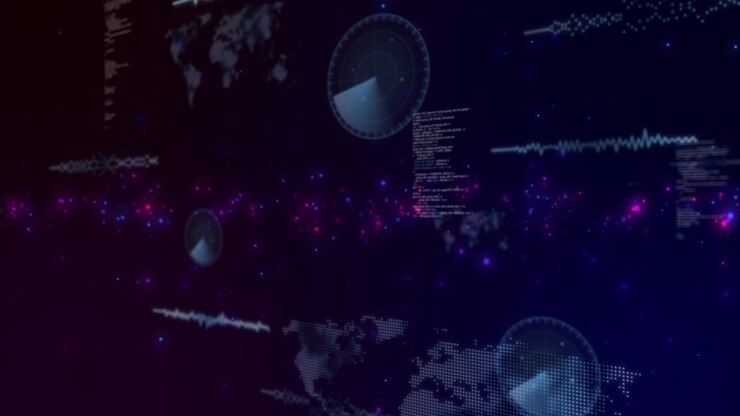 Camera panning revealing central particle stream flowing, code scrolling, showing live network data