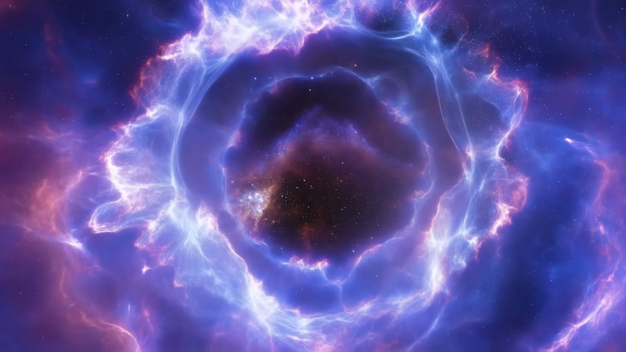 Glowing Nebula Ring With Electric Purpleblue Corona Surrounding Dark Stellar Core, Dramatic Supernova Energy