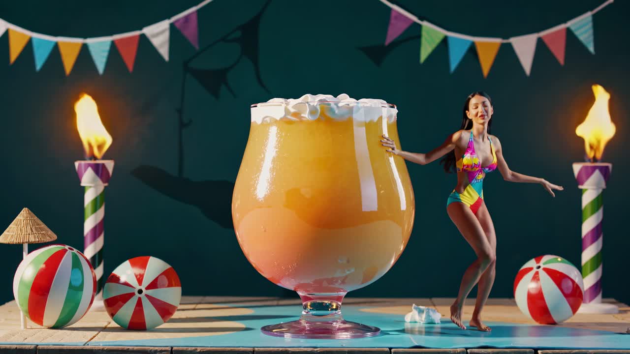 una mujer y un cóctel gigante en una fiesta de estilo circo