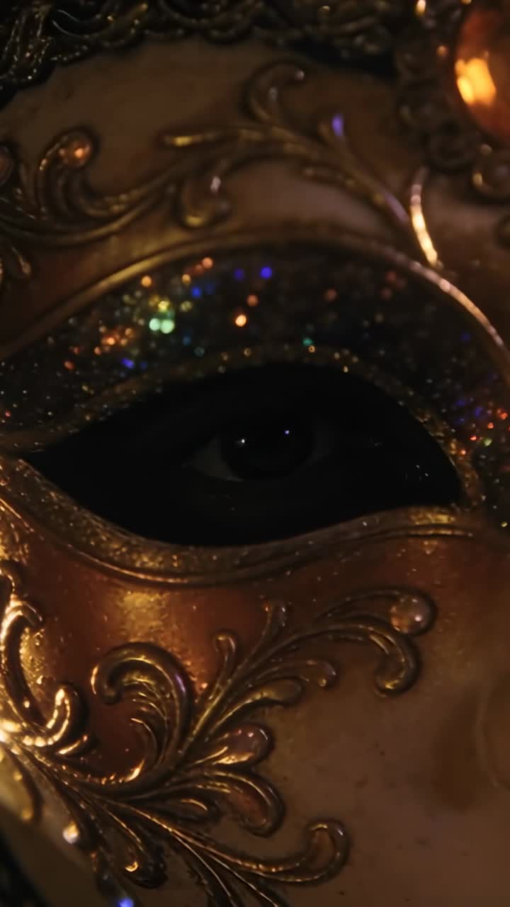 Video verticale: Mostra una persona con una maschera d'oro, la luce fioca della stanza fa aprire gli occhi e rivela una gemma.