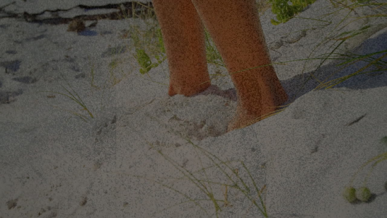 Bare feet walking across bright white sand dunes showing sparse grass tufts in 3D render