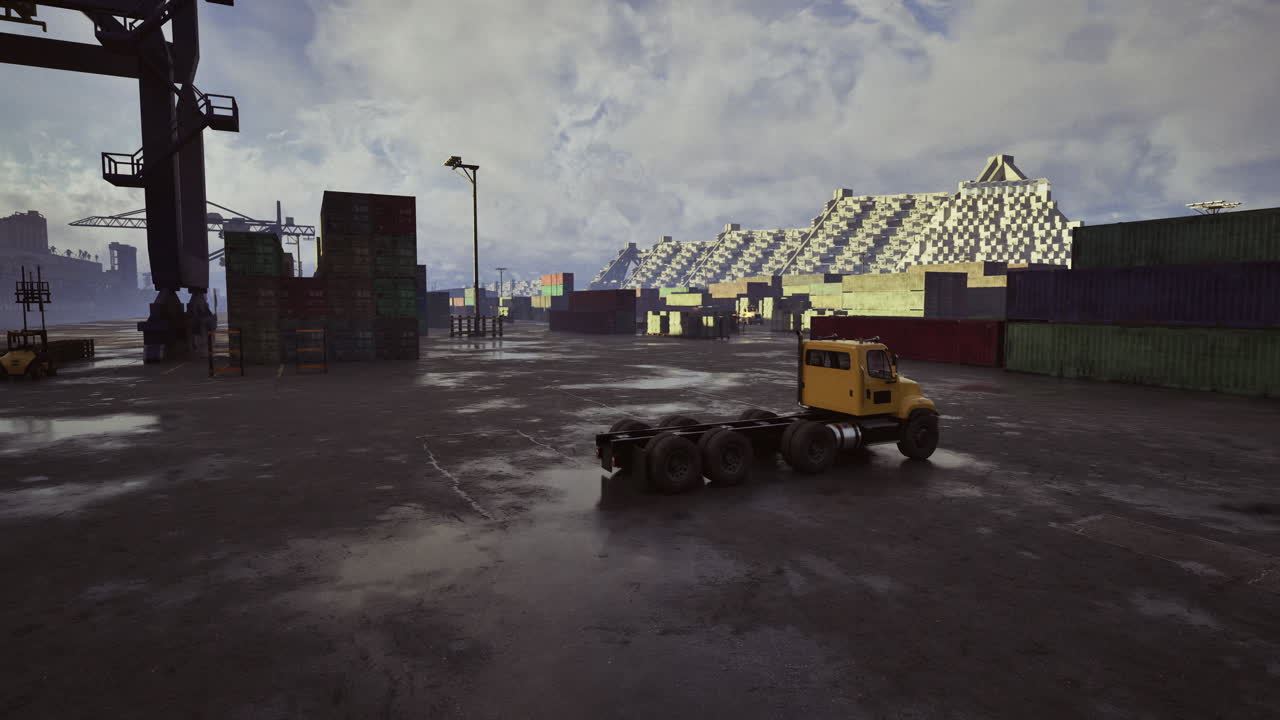 Cargo truck maneuvers through an industrial port during cloudy weather