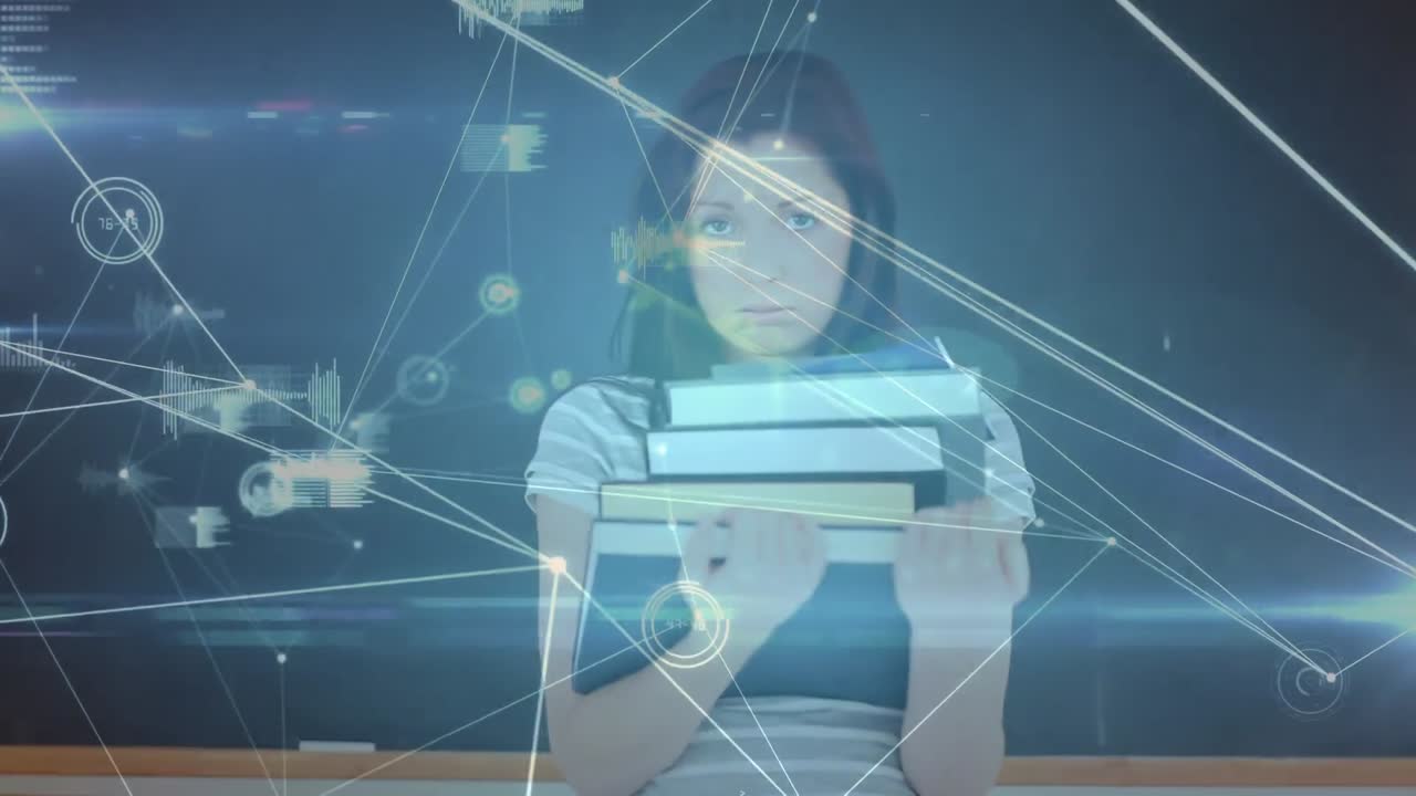 여성 교사의 애니메이션은 배경에 연결된 점의 웹 위에 있습니다.