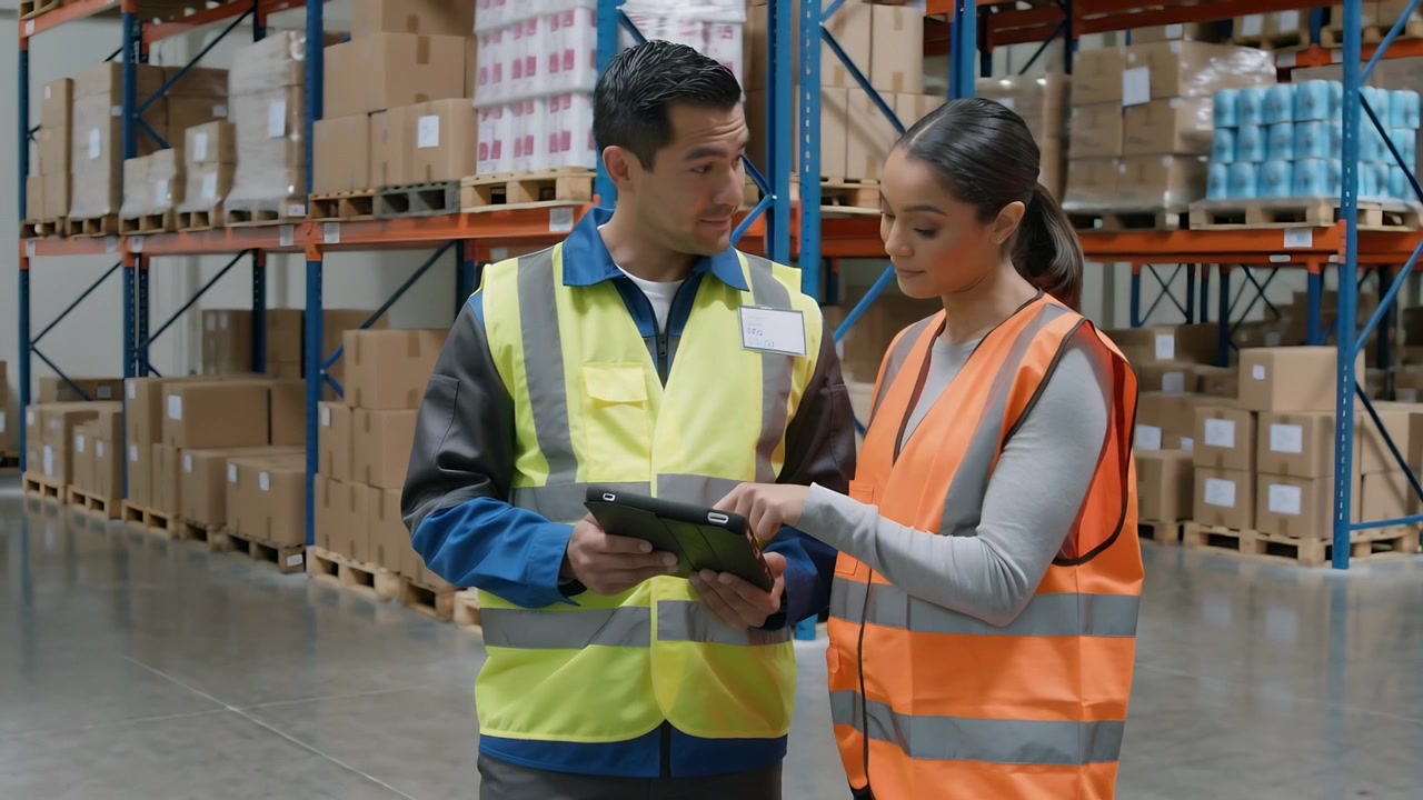Revisione dopo un allarme, due membri del personale che verificano le scorte su un tablet rinforzato in un corridoio di magazzino, con giubbotti di sicurezza.